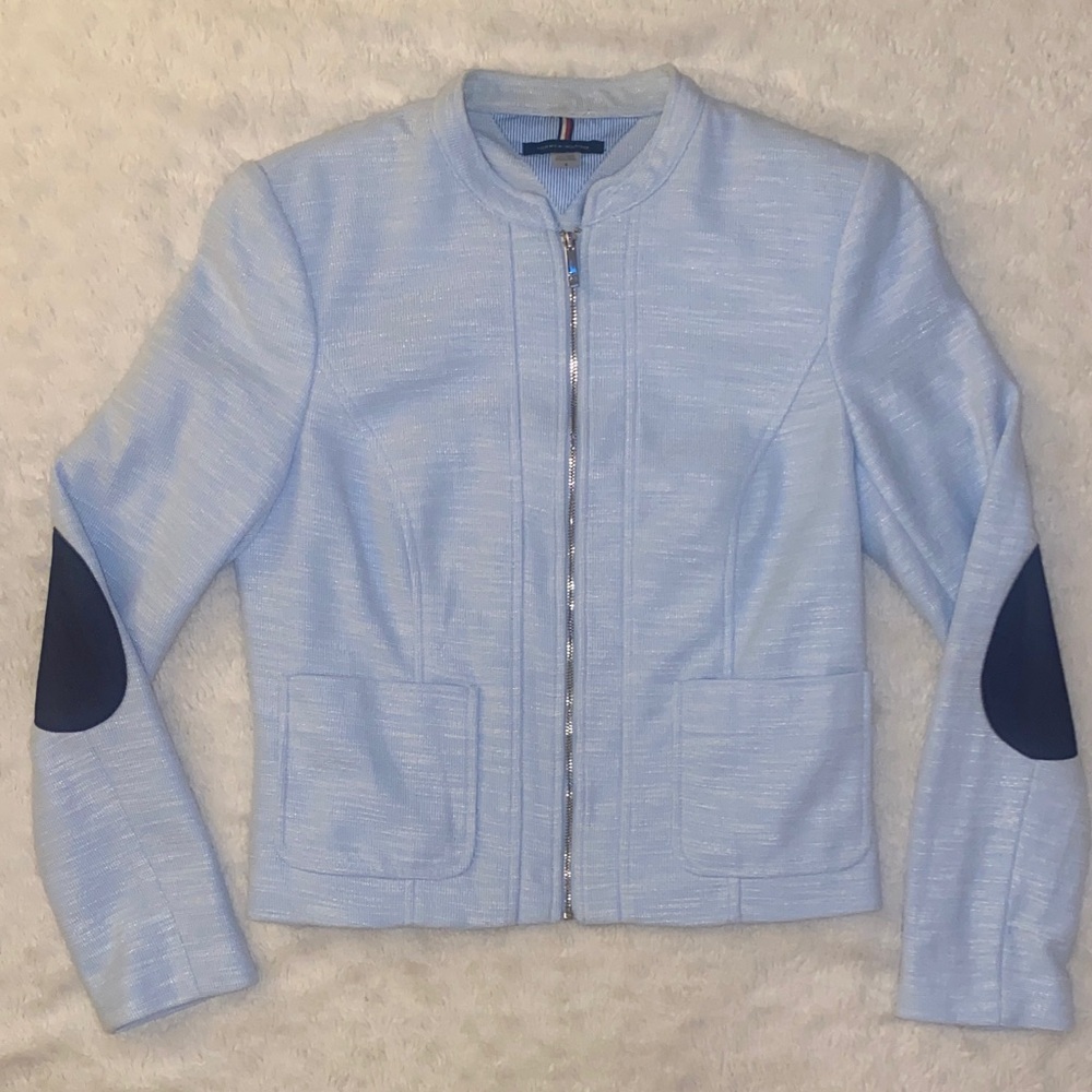 Tommy Hilfiger Shiny Light Blue Blazer with Navy Patches on Elbows